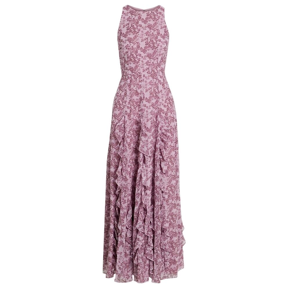 Mikael Aghal Elegant Lilac Ruffled Floral Chiffon Maxi Dress Size 8 - Picture 1 of 4